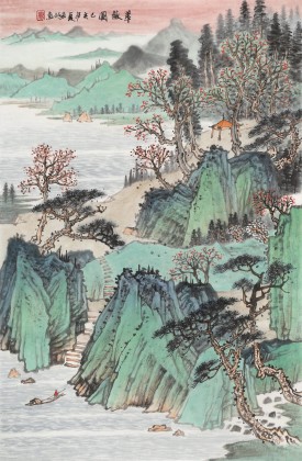 廖崧越 四尺三開《翠薇圖》 廣西桂林美協會員